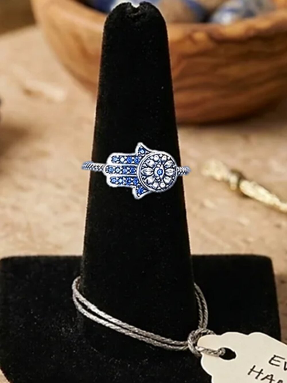NWT -Hamsa Hand Evil Eye Protection Ring- Silver w Blue Cubic Zirconia- Size 6